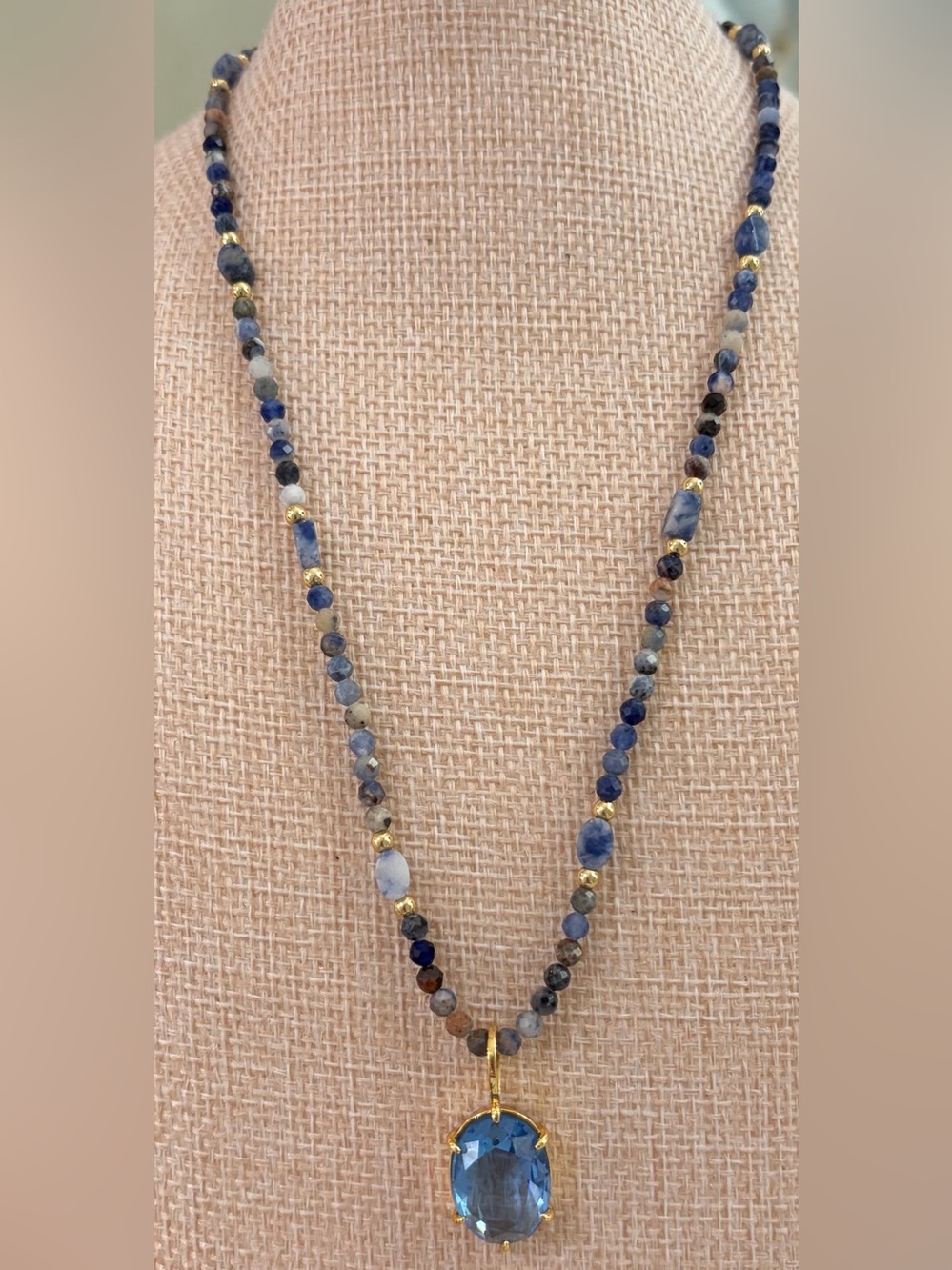 NEW Natural Stones Beaded Necklace with Gold Accents Blue Pendant